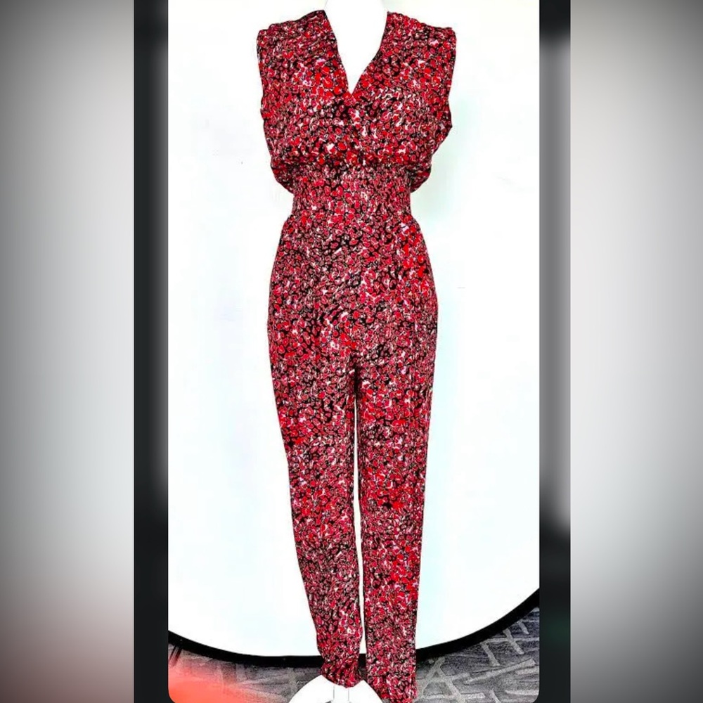 Aqua Brand Red Leopard Print Jumpsuit with Smocked Waist, Size S